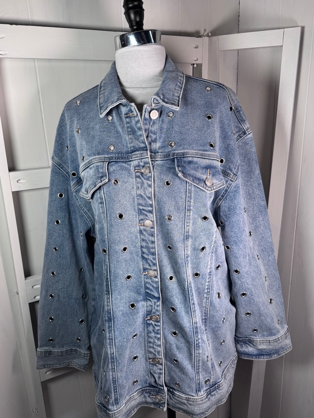 Avec Les Filles Light Blue Studded Denim Jacket XL New